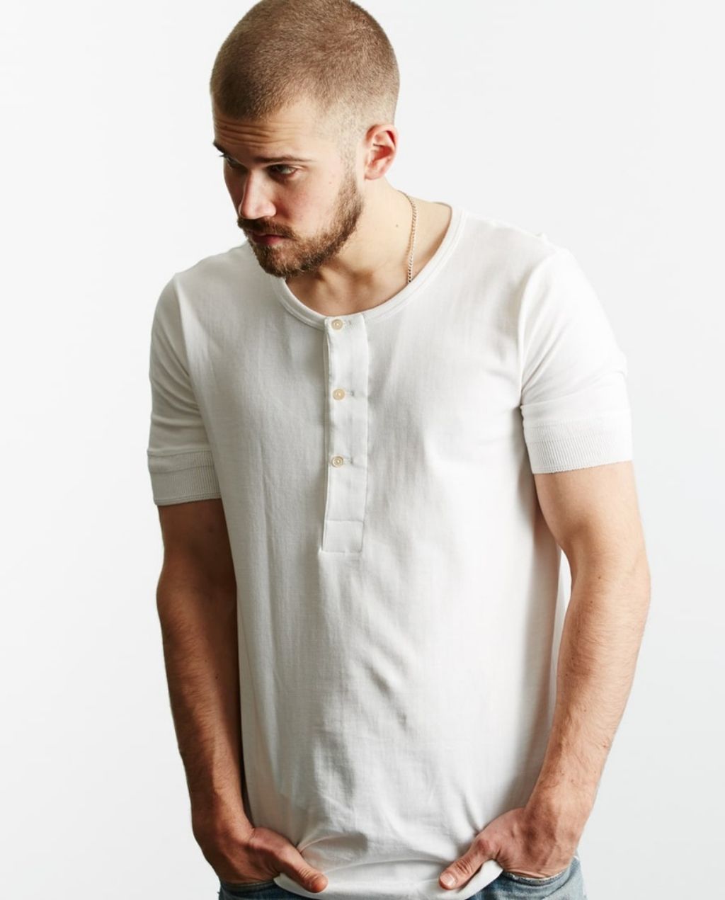 207 Men's loopwheeled Henley - Classic Fit - White