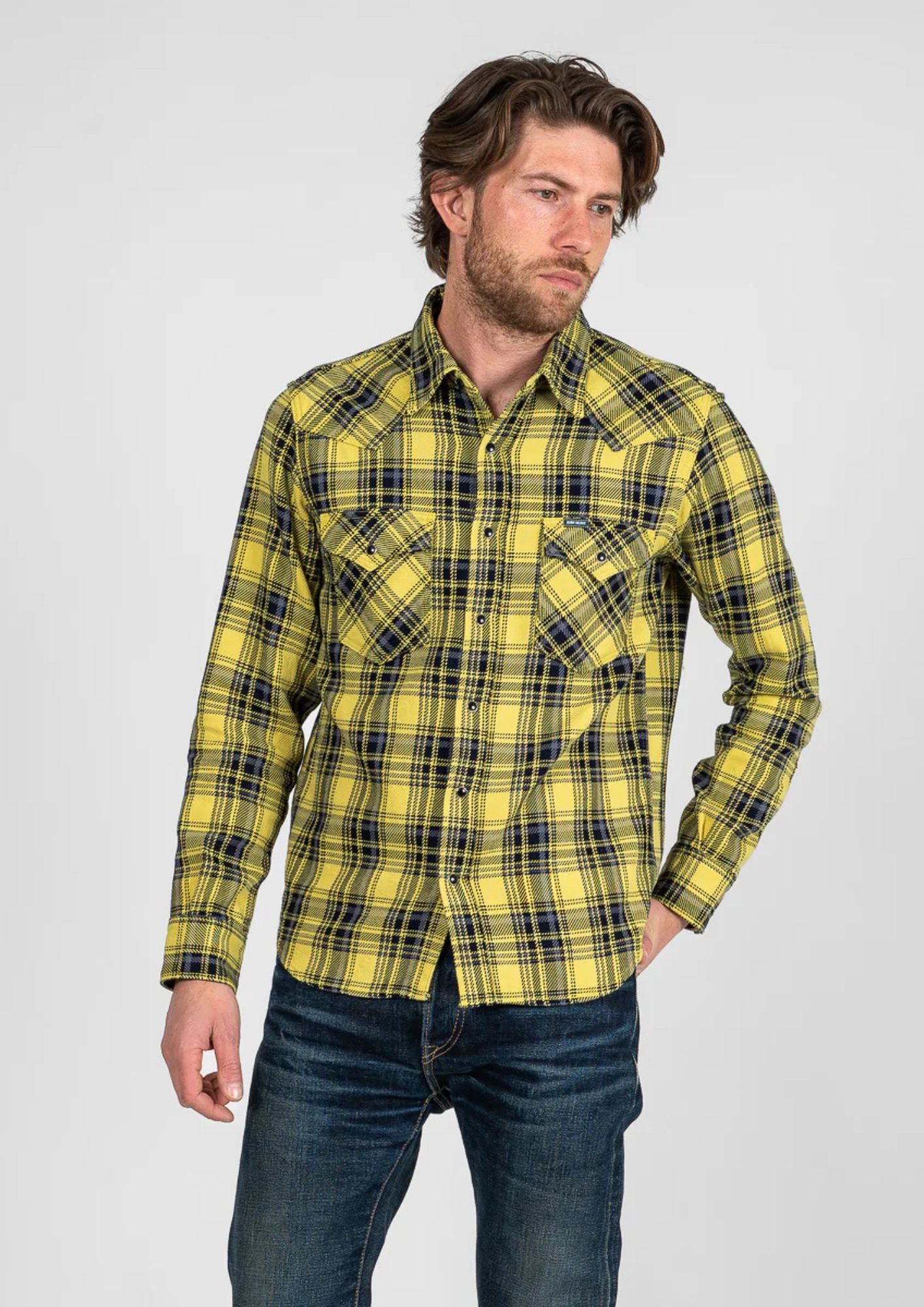 9oz Selvedge Indigo Check Flannel Western Shirt - Yellow