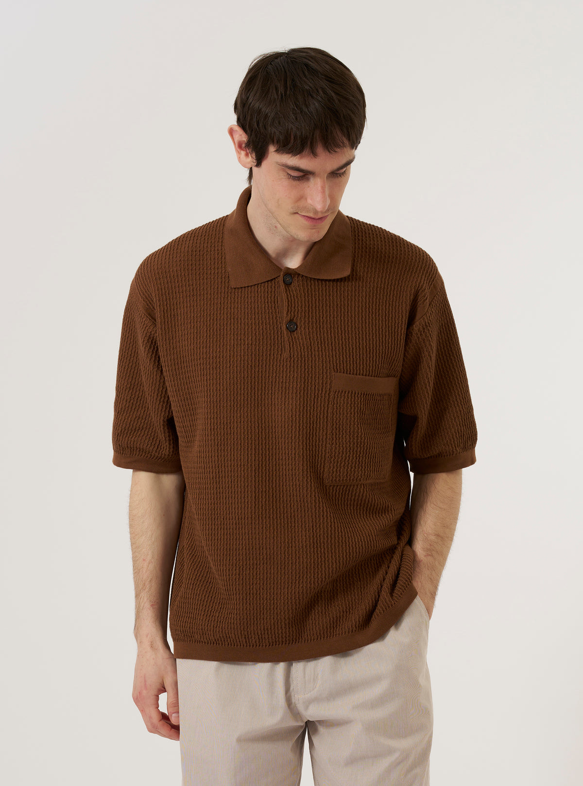 S/S KNIT POLO - Brown