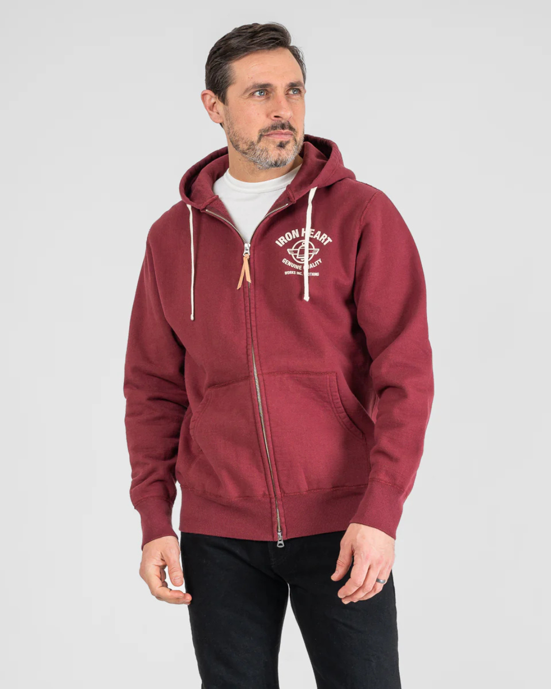 Printed 14oz Ultra Heavyweight Loopwheel Cotton Zippered Hoodie - Burgundy