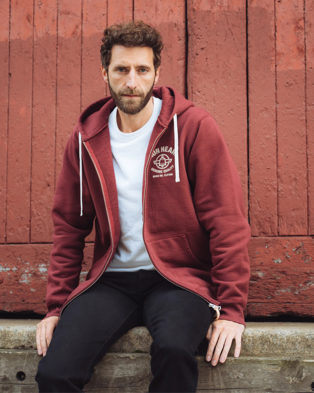 Printed 14oz Ultra Heavyweight Loopwheel Cotton Zippered Hoodie - Burgundy