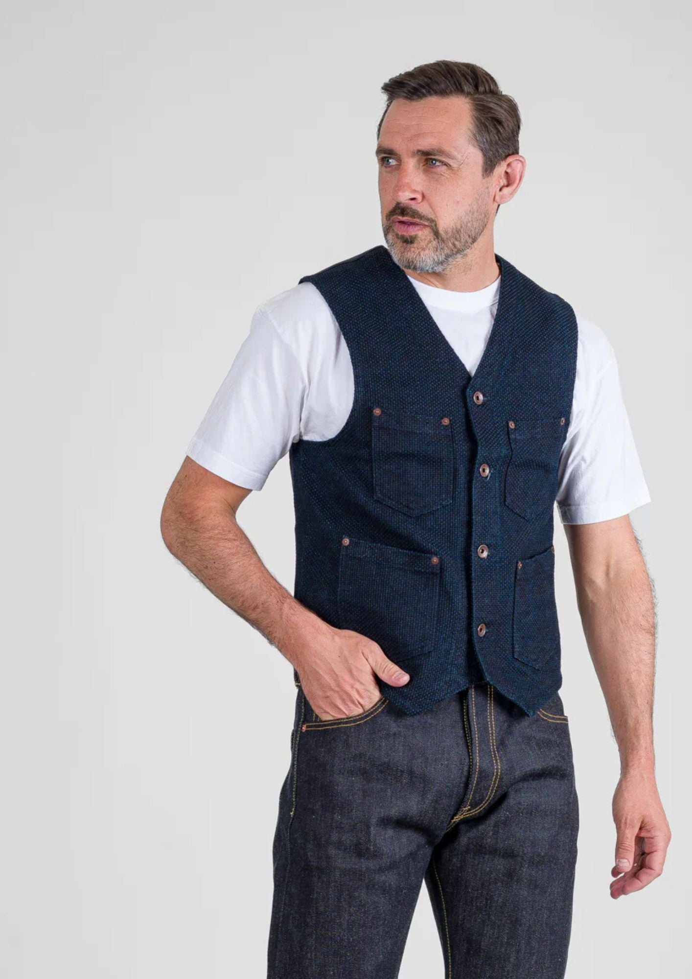 14oz Sashiko Dobby Cloth / Duck Work Vest - Indigo